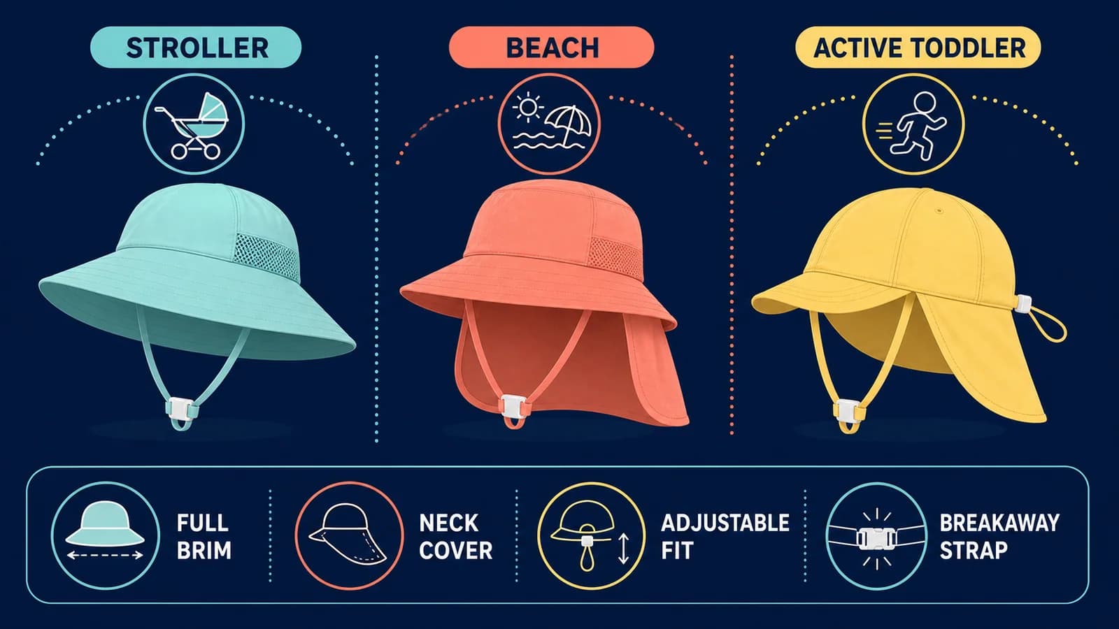 Parent decision map for stroller, beach and active-toddler sun hats with brim, neck cover, adjustable fit and breakaway strap signals