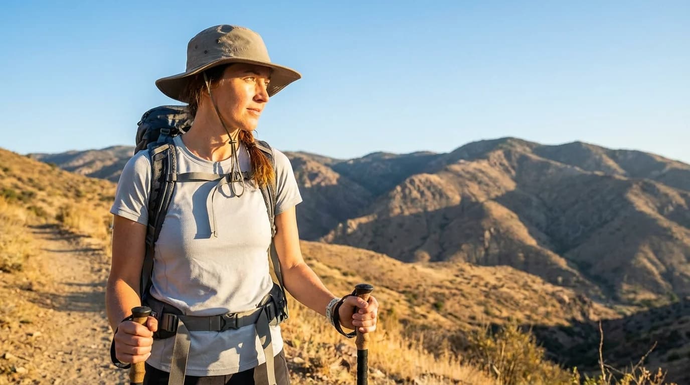 Hiker wearing a lightweight, high-performance base layer shirt on a sun-drenched mountain trail, illustrating the necessity of moisture-wicking technology.