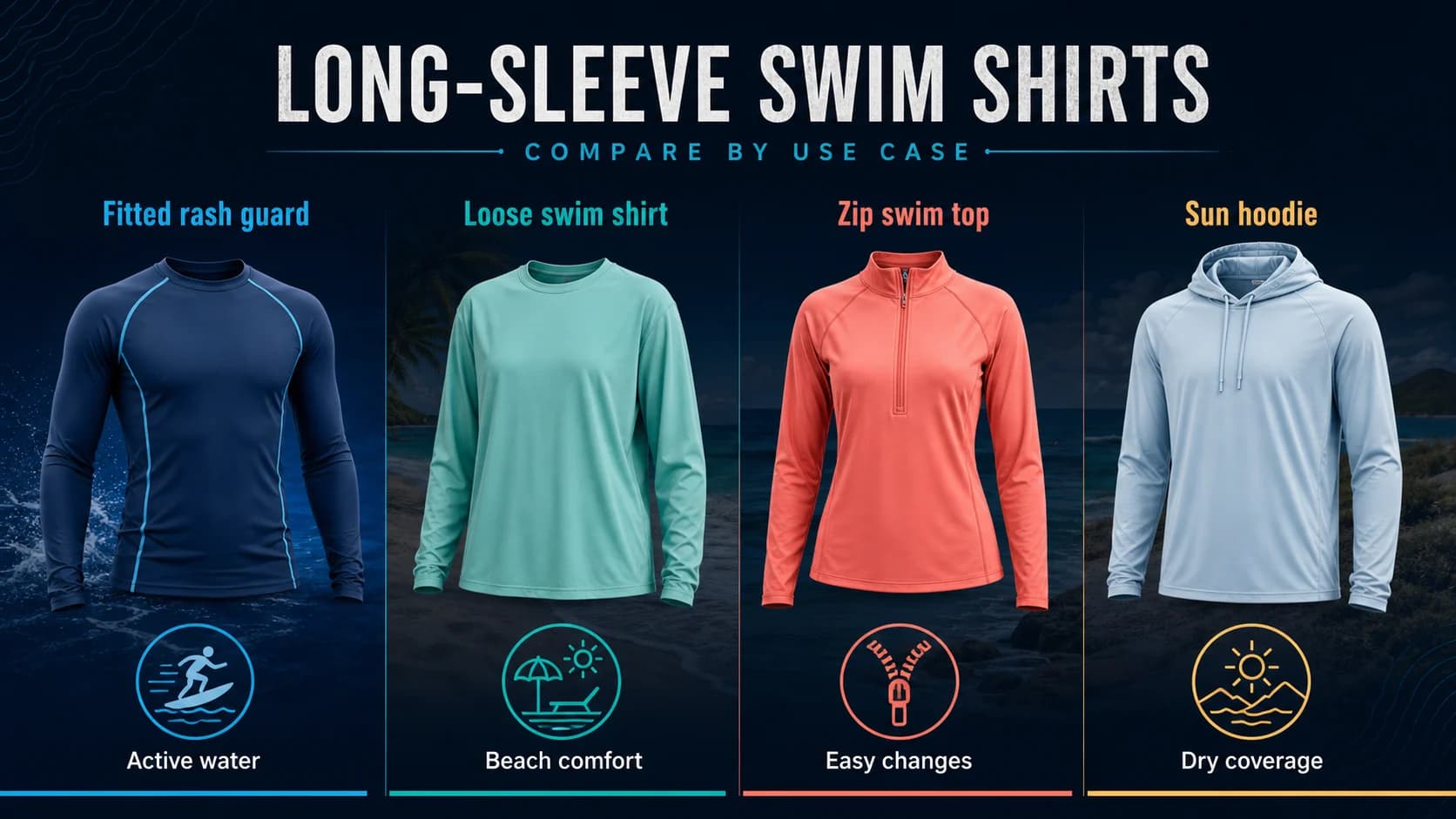 Infographic comparing fitted rash guards, loose swim shirts, zip swim tops, and sun hoodies