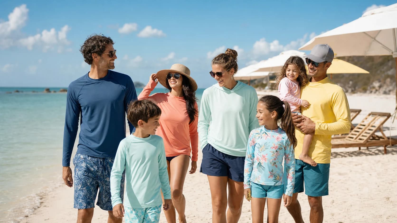 Family wearing long sleeve UPF swim shirts and rash guards at a sunny beach