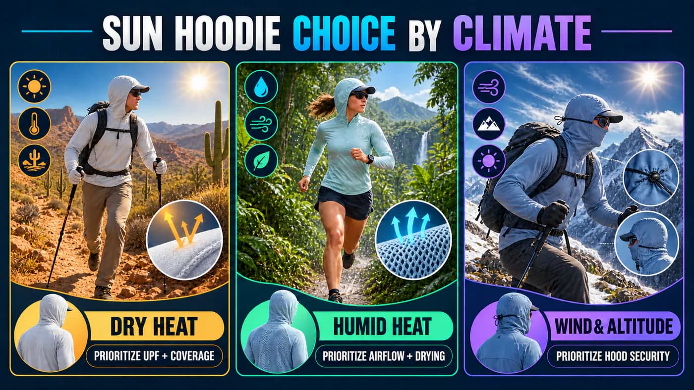 Illustrative category comparison showing generic sun hoodies for dry heat, humid heat, and windy high-altitude conditions