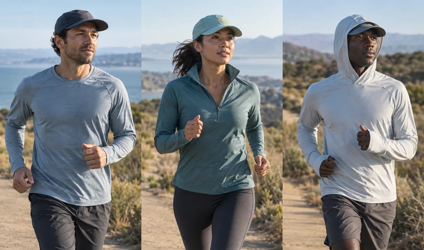 Illustrative runners in a crew shirt and cap, quarter-zip and cap, and hooded sun shirt worn over a cap