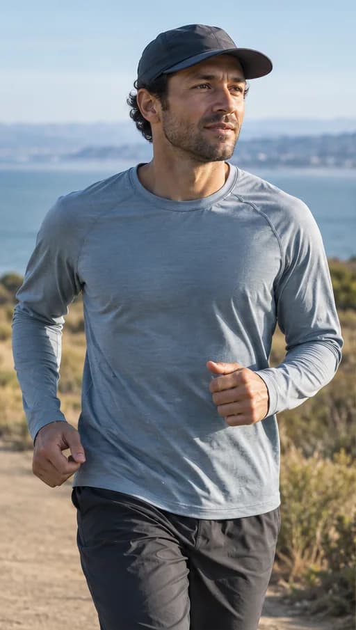 Illustrative runner wearing a crew-neck long sleeve and cap