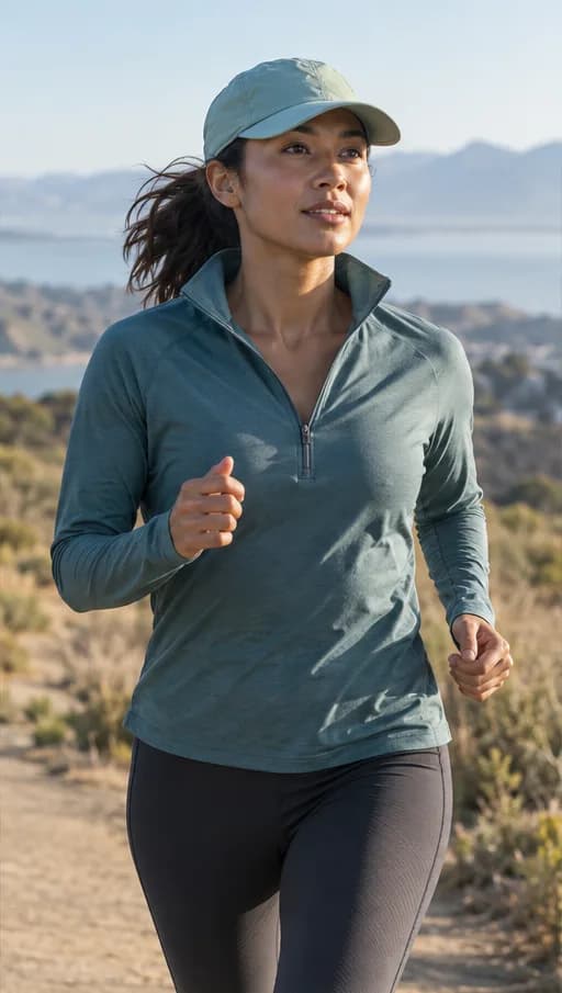 Illustrative runner wearing a quarter-zip long sleeve and cap