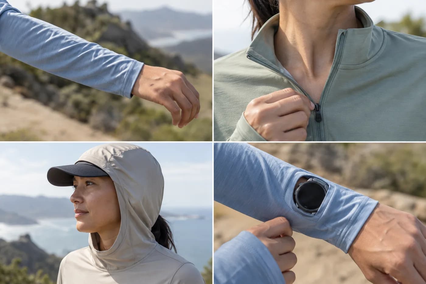 Four illustrative close-ups: sleeve ending at the wrist, quarter-zip collar, hood over a cap, and a sleeve watch opening