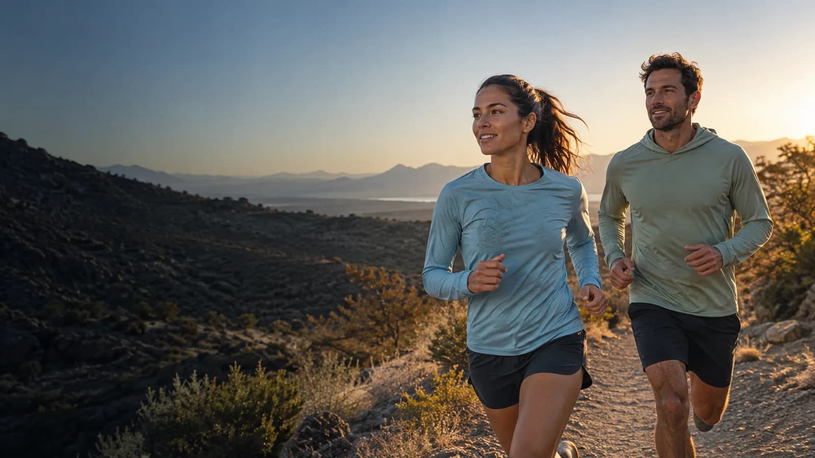 Two runners in unbranded long-sleeve sun layers on an open sunlit trail