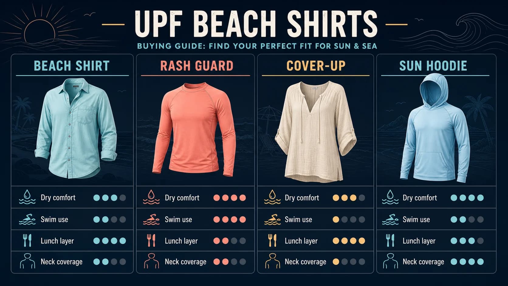 Infographic comparing beach shirts, rash guards, cover-ups, and sun hoodies