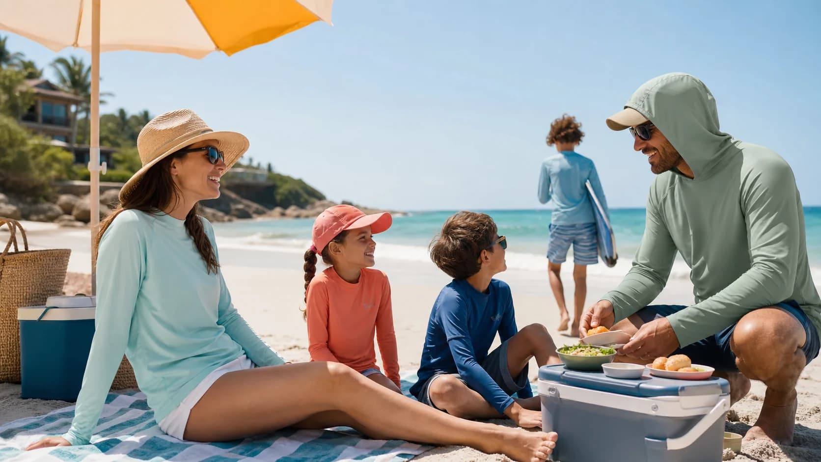 Family wearing UPF shirts and sun hoodies during a sunny beach day