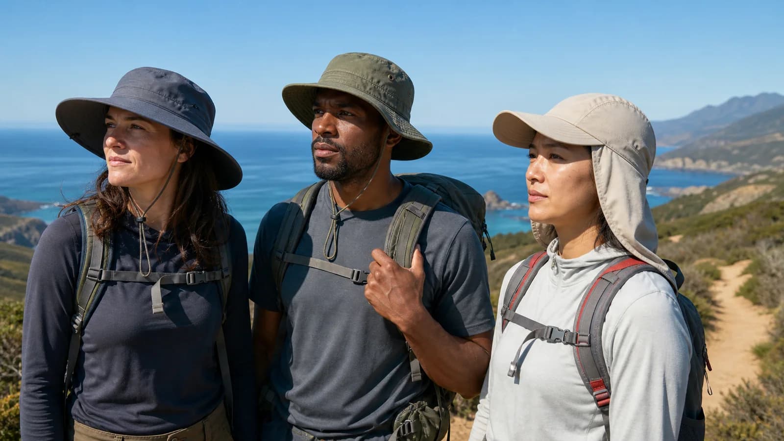 Three hikers wearing wide-brim, boonie and neck-cape sun hats on a bright coastal trail