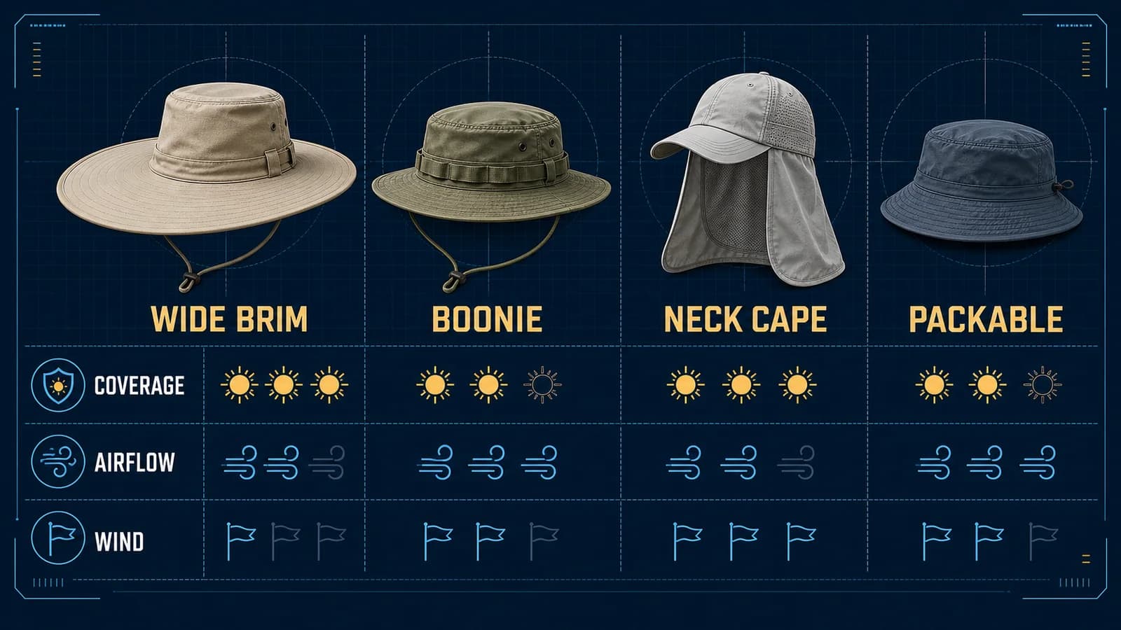 Decision map comparing wide-brim, boonie, neck-cape and packable sun hats by coverage, airflow and wind stability
