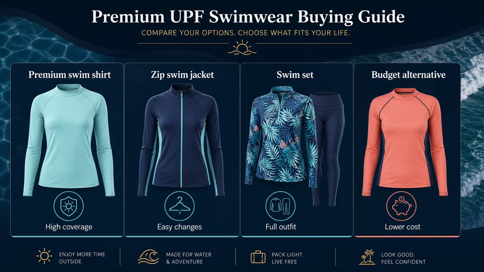 Infographic comparing premium swim shirts, zip swim jackets, swim sets, and budget alternatives