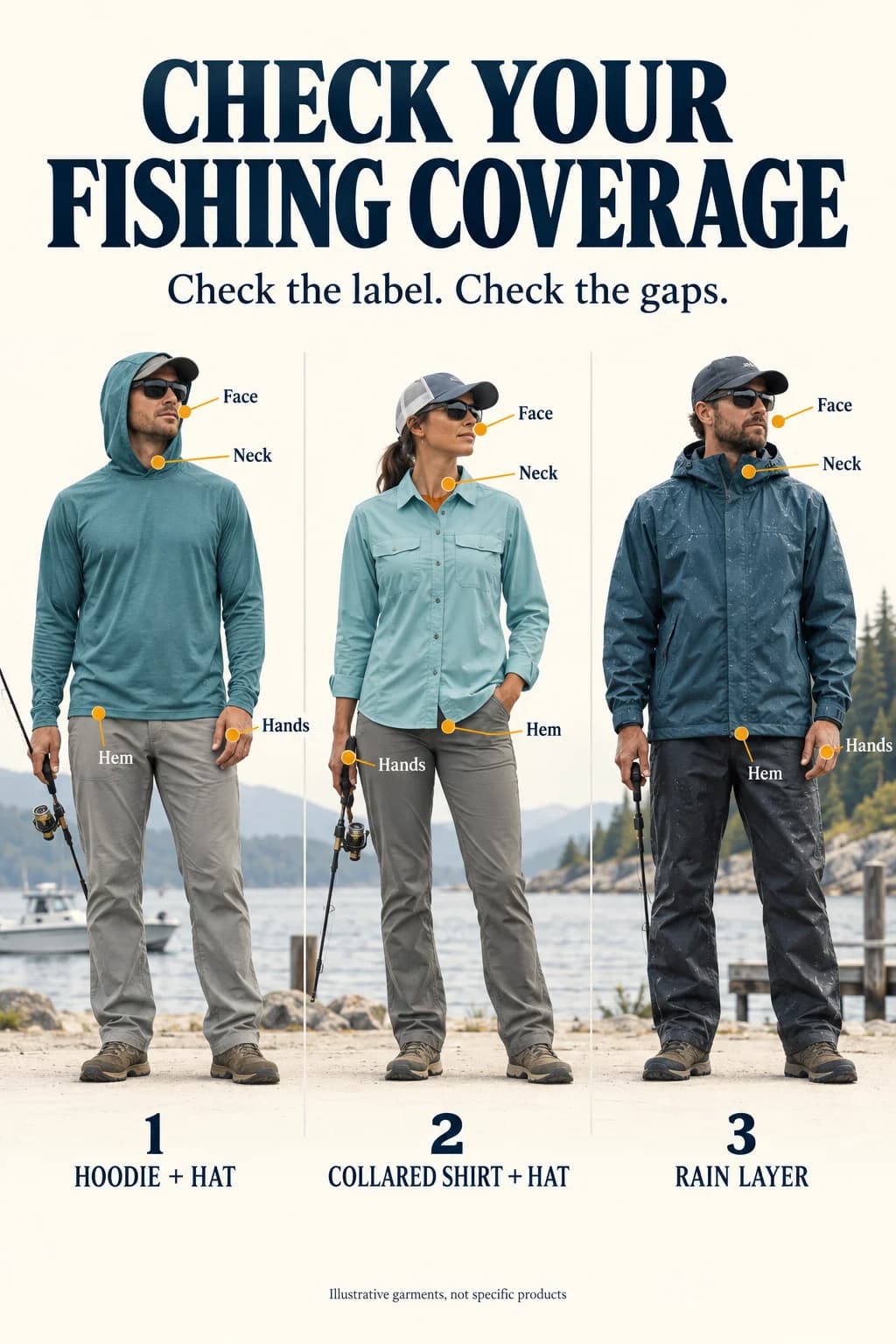 Three generic fishing outfits with a hoodie and hat, collared shirt and hat, or rain layer. Callouts identify exposed face, neck, hands and hem areas.
