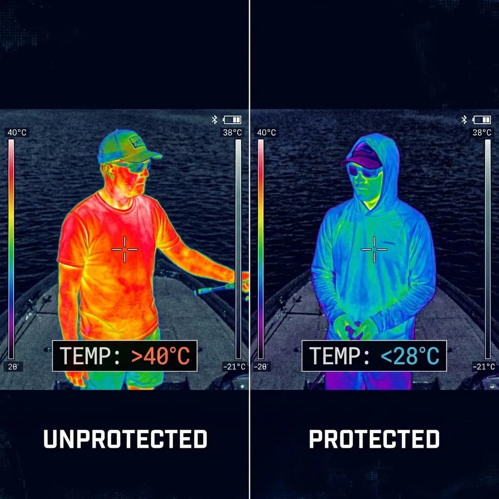 Thermal analysis of unprotected angler (hot/red) vs protected angler (cool/blue)