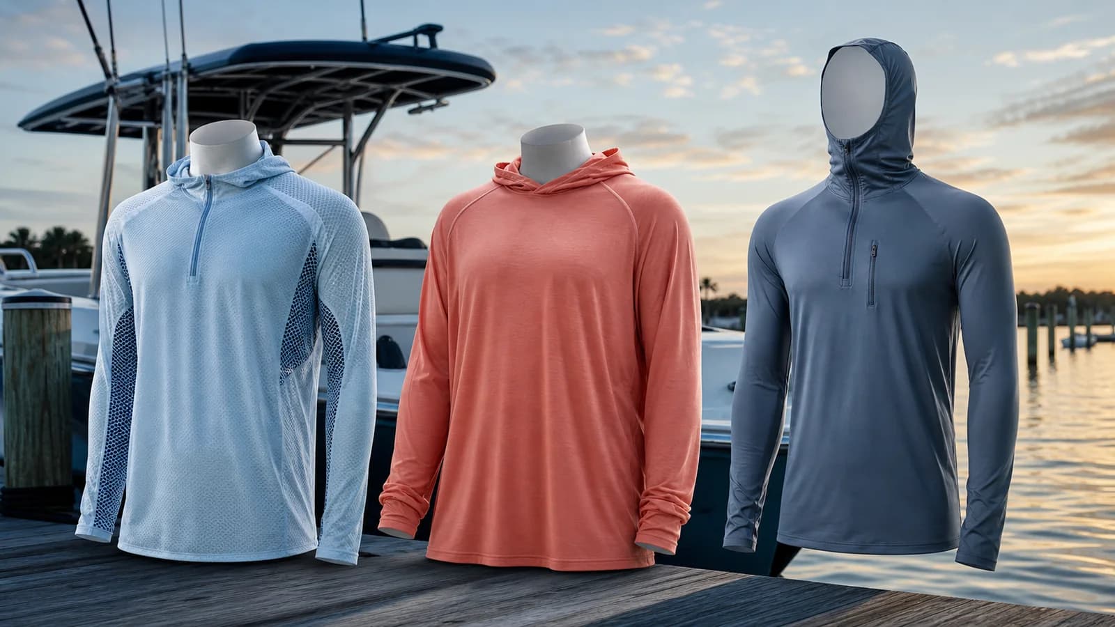 Three generic technical fishing sun hoodies on faceless forms beside a boat at dawn