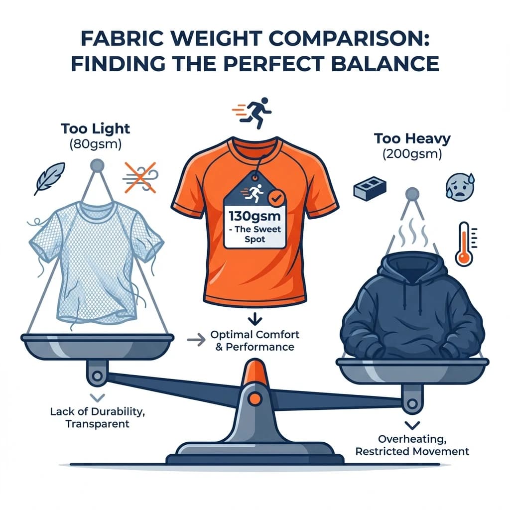 Infographic comparison of fabric weights: 80gsm (too light), 200gsm (too heavy), and 130gsm (perfect balance)