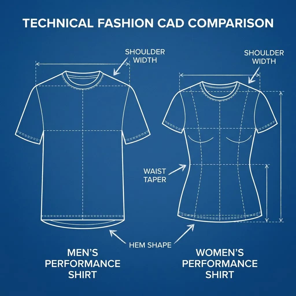 Technical blueprint comparison of Men's Box Cut vs Women's Tapered Cut