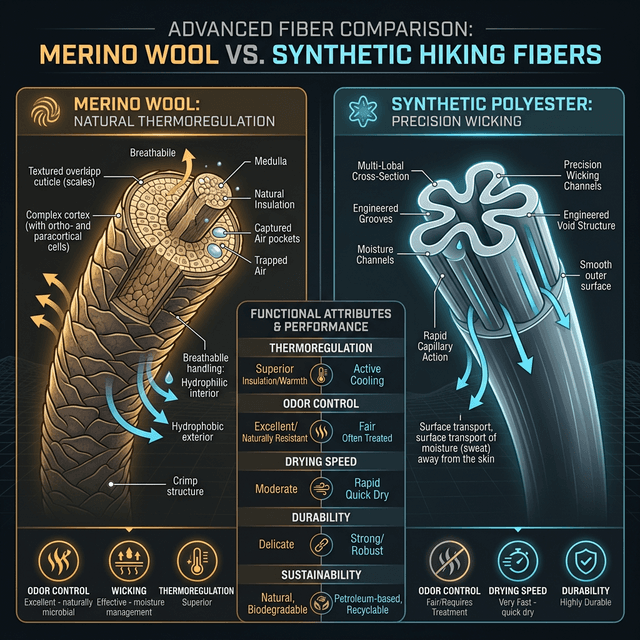 Microscopic fiber comparison: Merino wool scales vs Synthetic extruded polymer channels