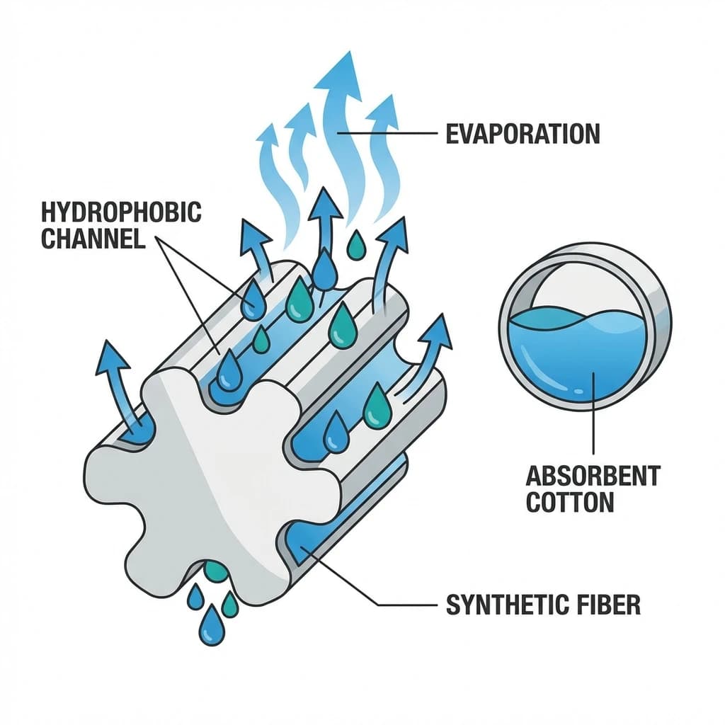 Technical diagram showing how hydrophobic channels in synthetic fibers wick moisture compared to absorbent cotton