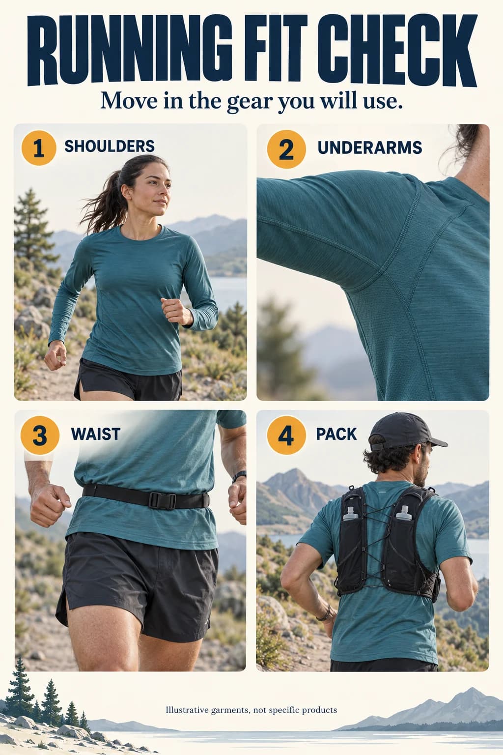 Four running fit checks: shoulders during arm swing, underarm seams, waist under a belt, and shoulder straps under a running vest.