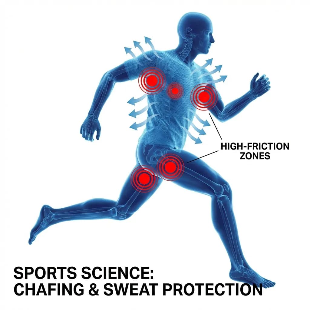 Anatomical diagram of runner showing high-friction zones (red) vs airflow cooling (blue)