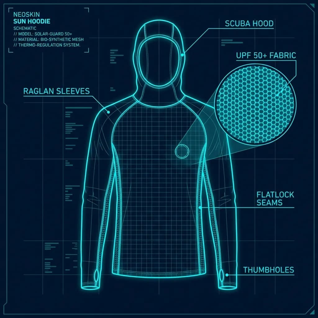 Schematic of a sun hoodie showing Scuba Hood, UPF Fabric, Thumbholes, Flatlock Seams, and Raglan Sleeves