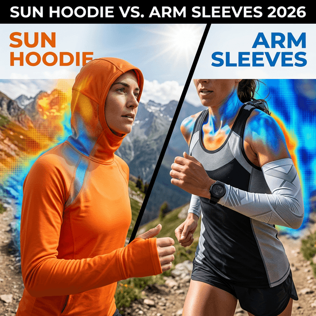 Side-by-side comparison of a technical sun hoodie and performance arm sleeves with thermal heatmap overlays