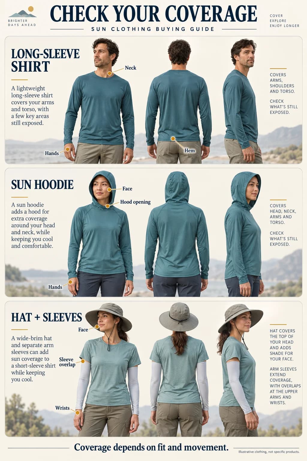 Coverage comparison of a long-sleeve shirt, sun hoodie, and hat with arm sleeves; check the neck, face, hands, hem and sleeve overlap.