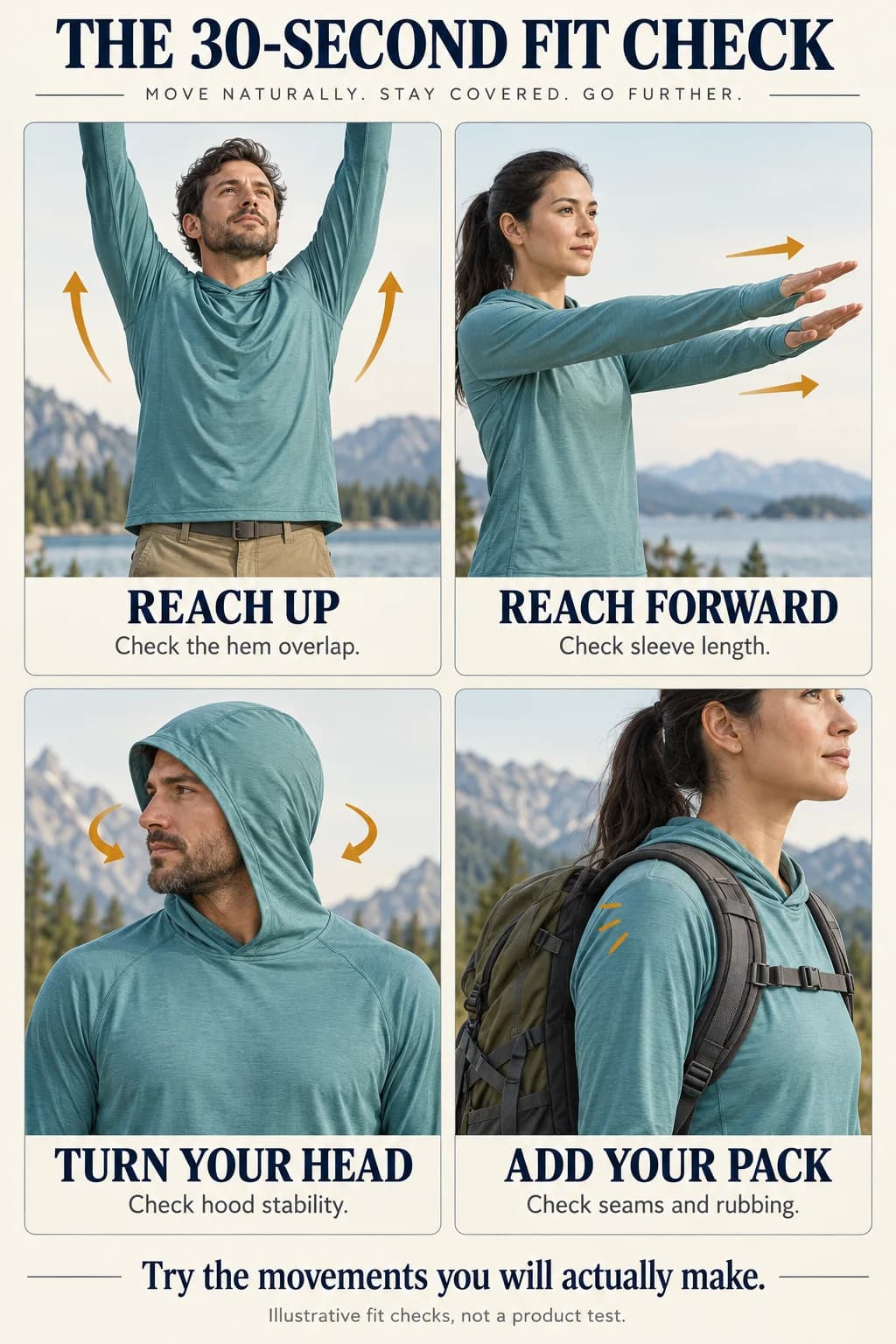 Four fit checks: reach up to check the hem, reach forward to check sleeves, turn your head to check the hood, and wear your pack to check rubbing.