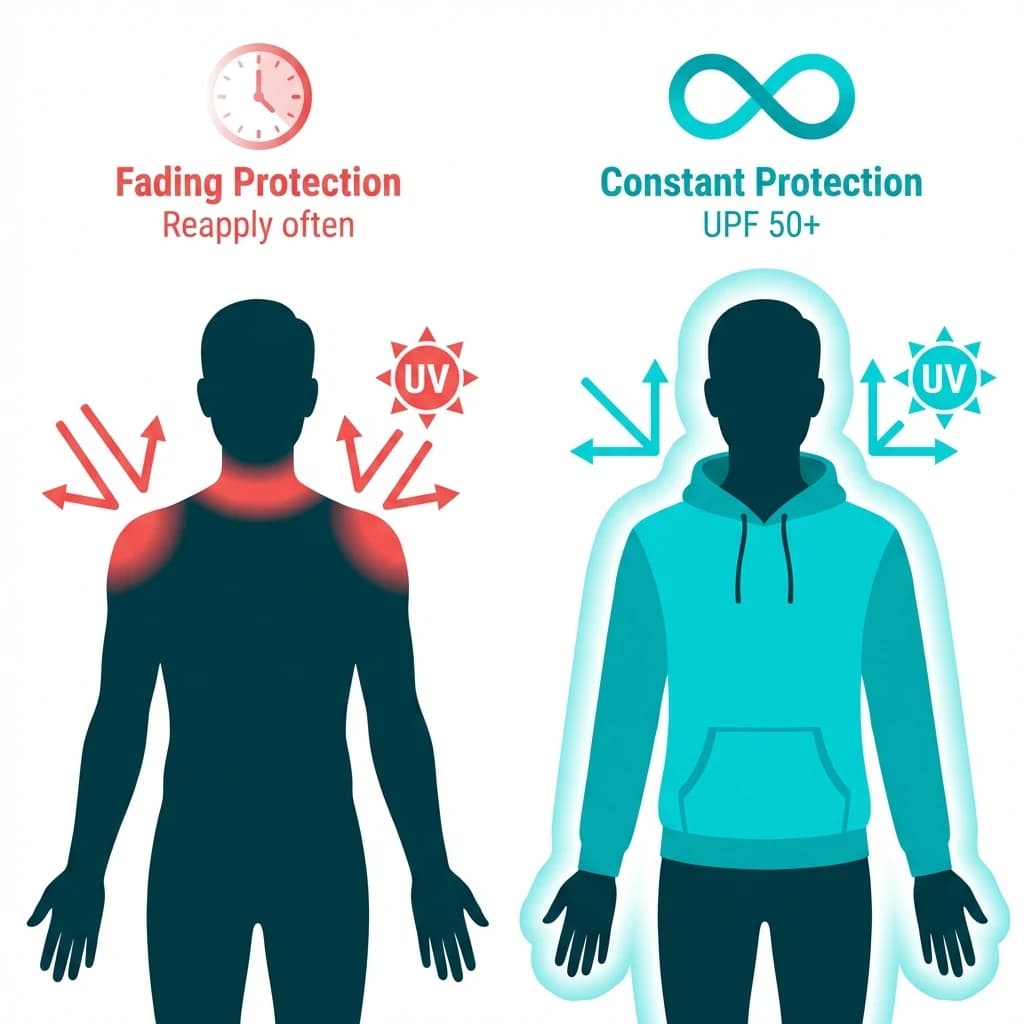 Comparison infographic: Sunscreen providing fading protection vs Sun Shirt with constant shield