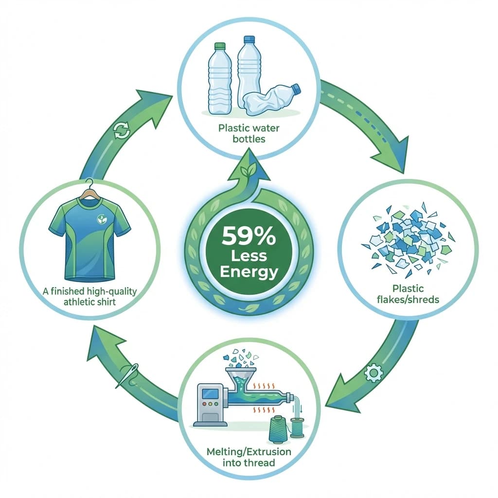 Circular flow infographic showing the recycling process from plastic bottles to high-performance athletic shirts