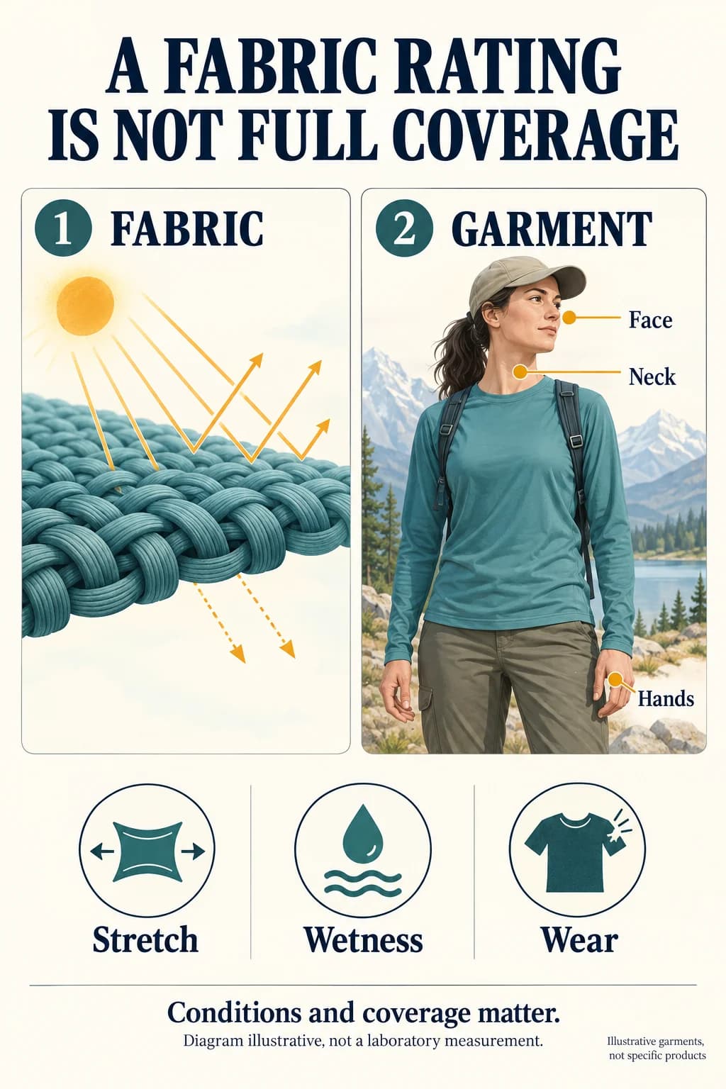 Conceptual fabric and UV-ray diagram beside a clothed person showing uncovered face, neck and hands; stretch, wetness and wear are separate influences.