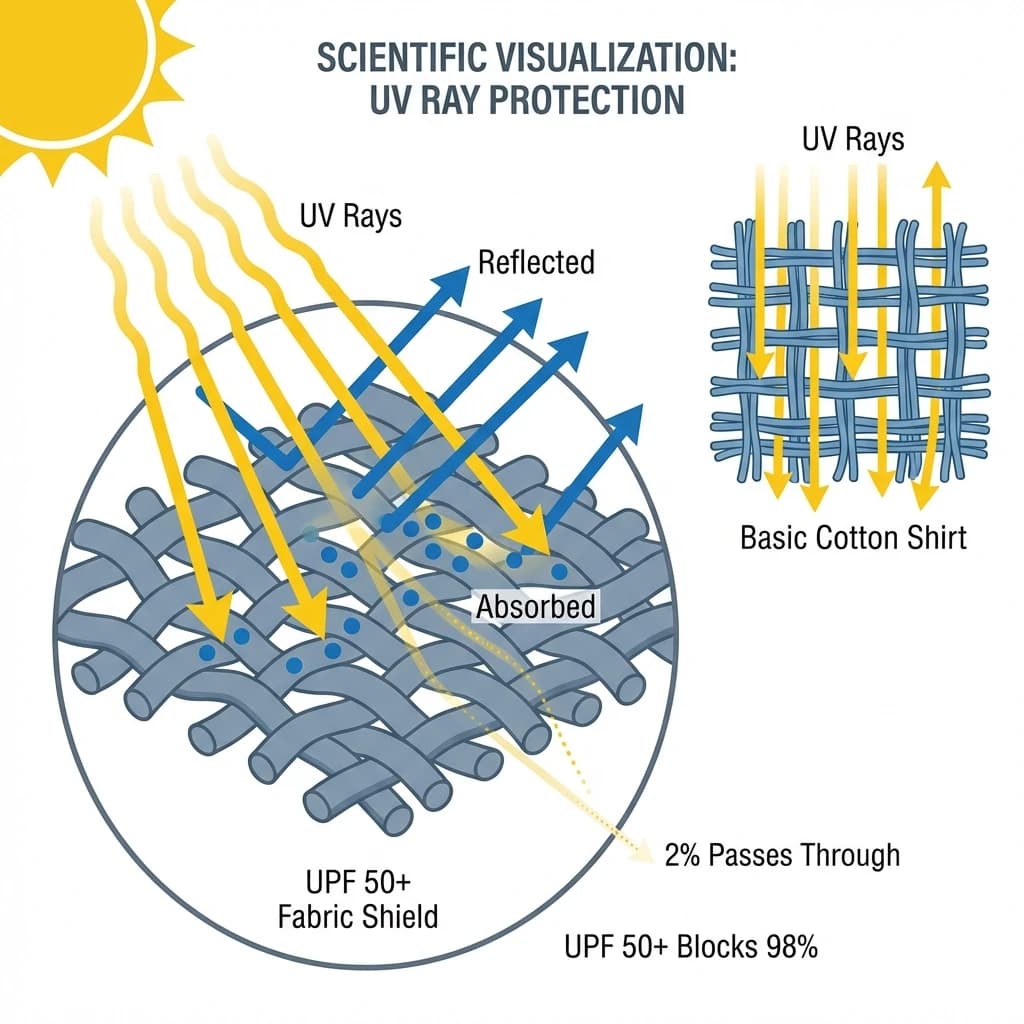 Scientific visualization of UV rays acting on fabric: UPF 50+ blocking 98% vs cotton letting rays pass through