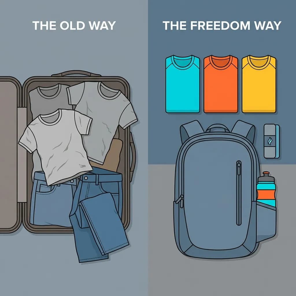 Infographic showing The Old Way (messy suitcase) vs The Freedom Way (sleek backpack with 3 shirts)