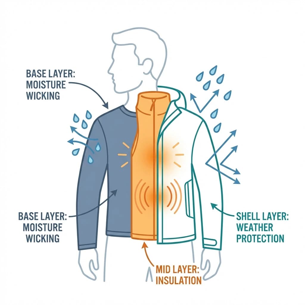 Infographic showing the 3-layer hiking system: Moisture Wicking Base, Insulating Mid, and Protective Shell