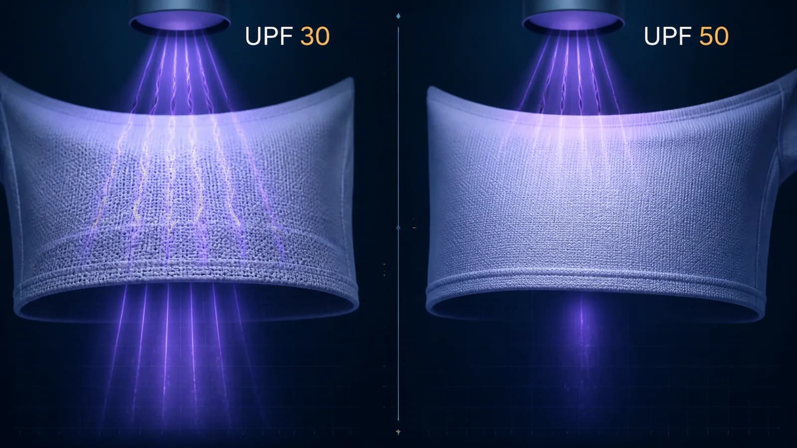 Conceptual UPF 30 and UPF 50 textile panels under ultraviolet illumination