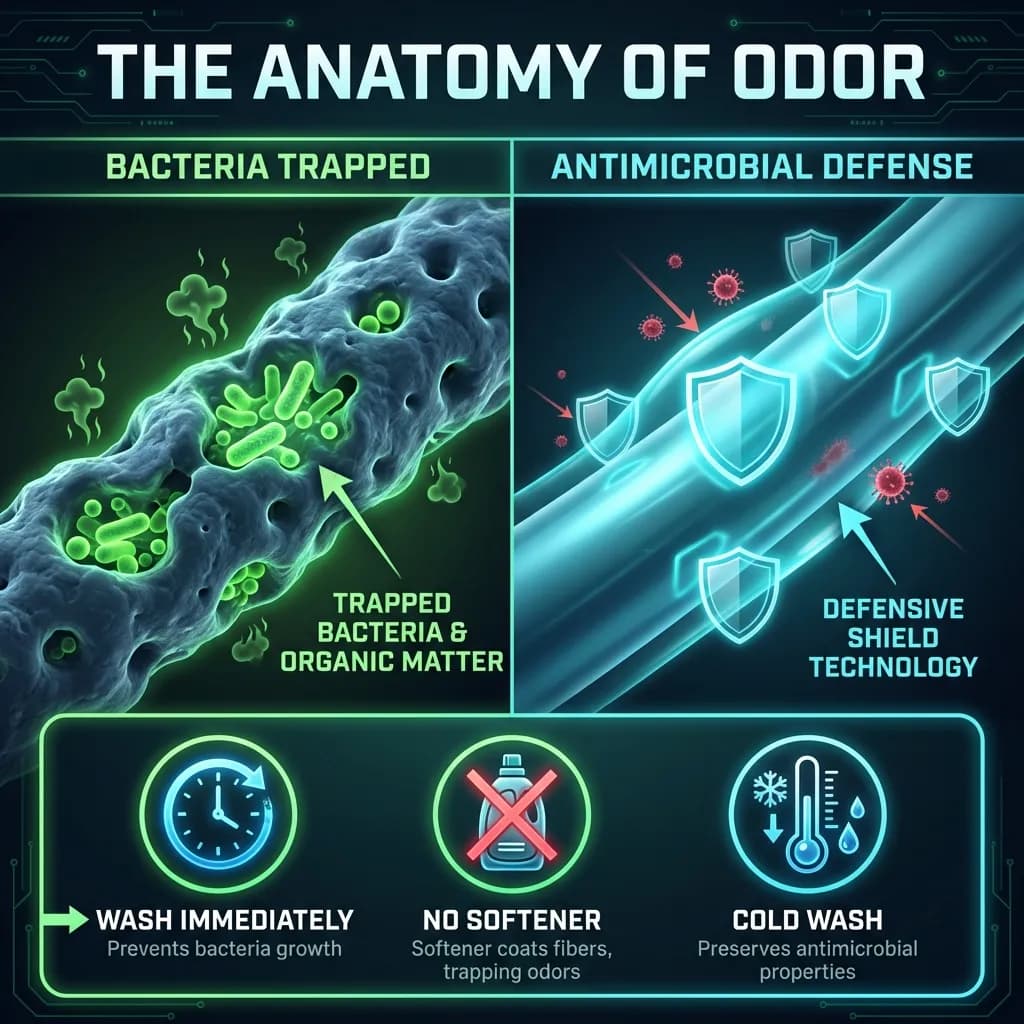 The Anatomy of Odor: Comparison of bacteria trapped in rough polyester fibers vs smooth antimicrobial fibers