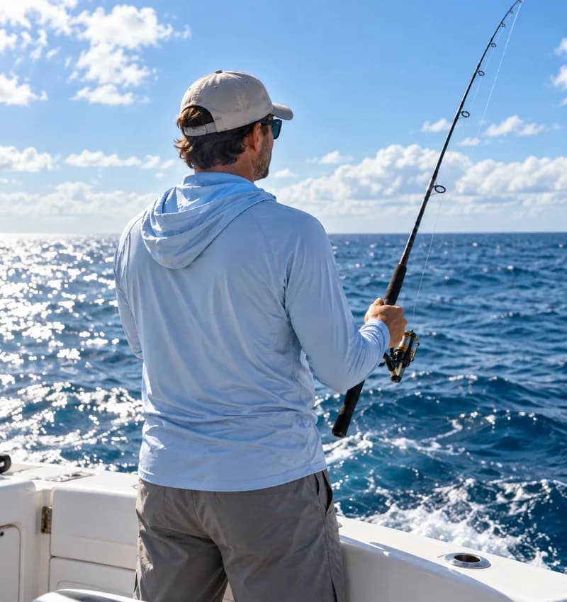 Illustrative angler in a sun hoodie on a boat