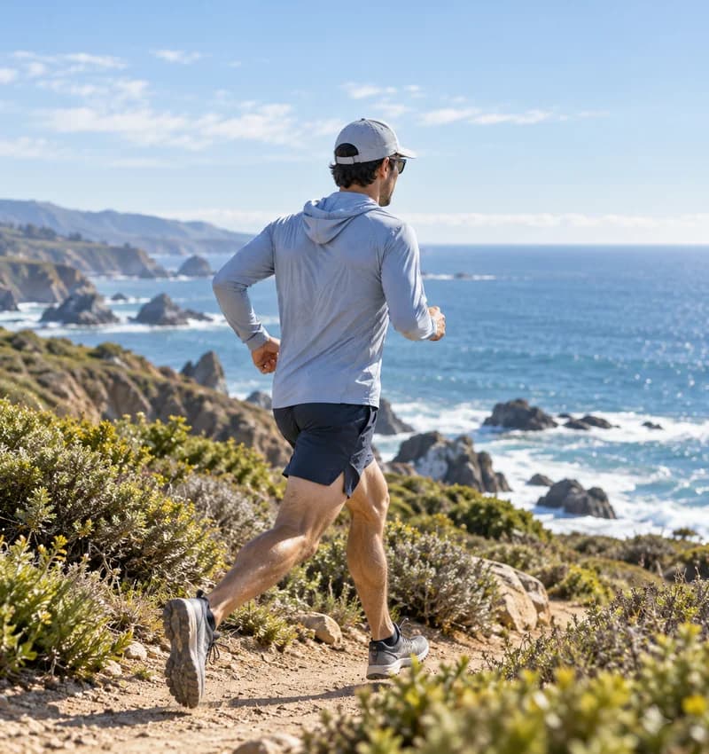 Illustrative runner in a long-sleeve shirt on a coastal trail