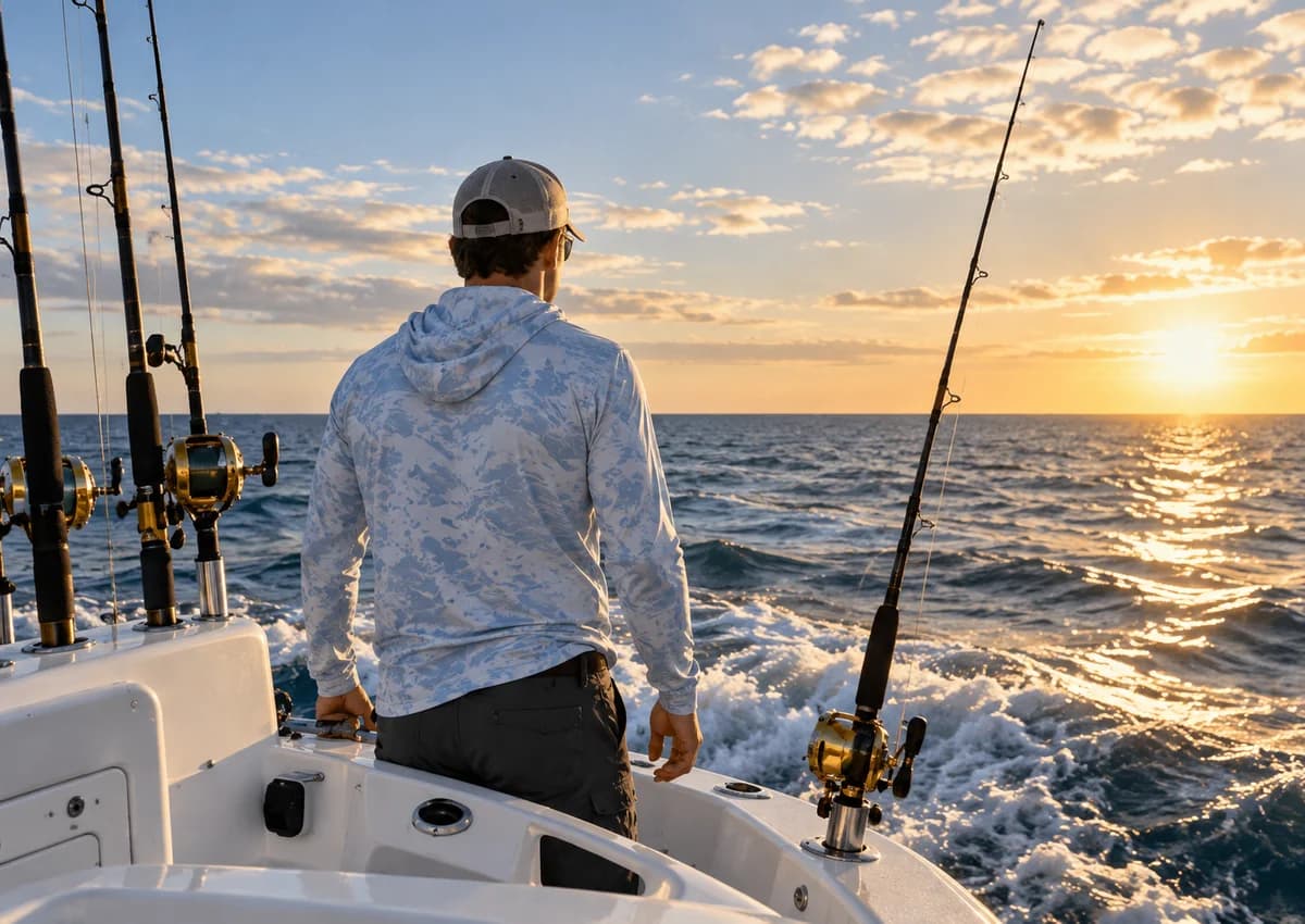 Illustrative angler wearing a sun hoodie aboard a fishing boat at golden hour
