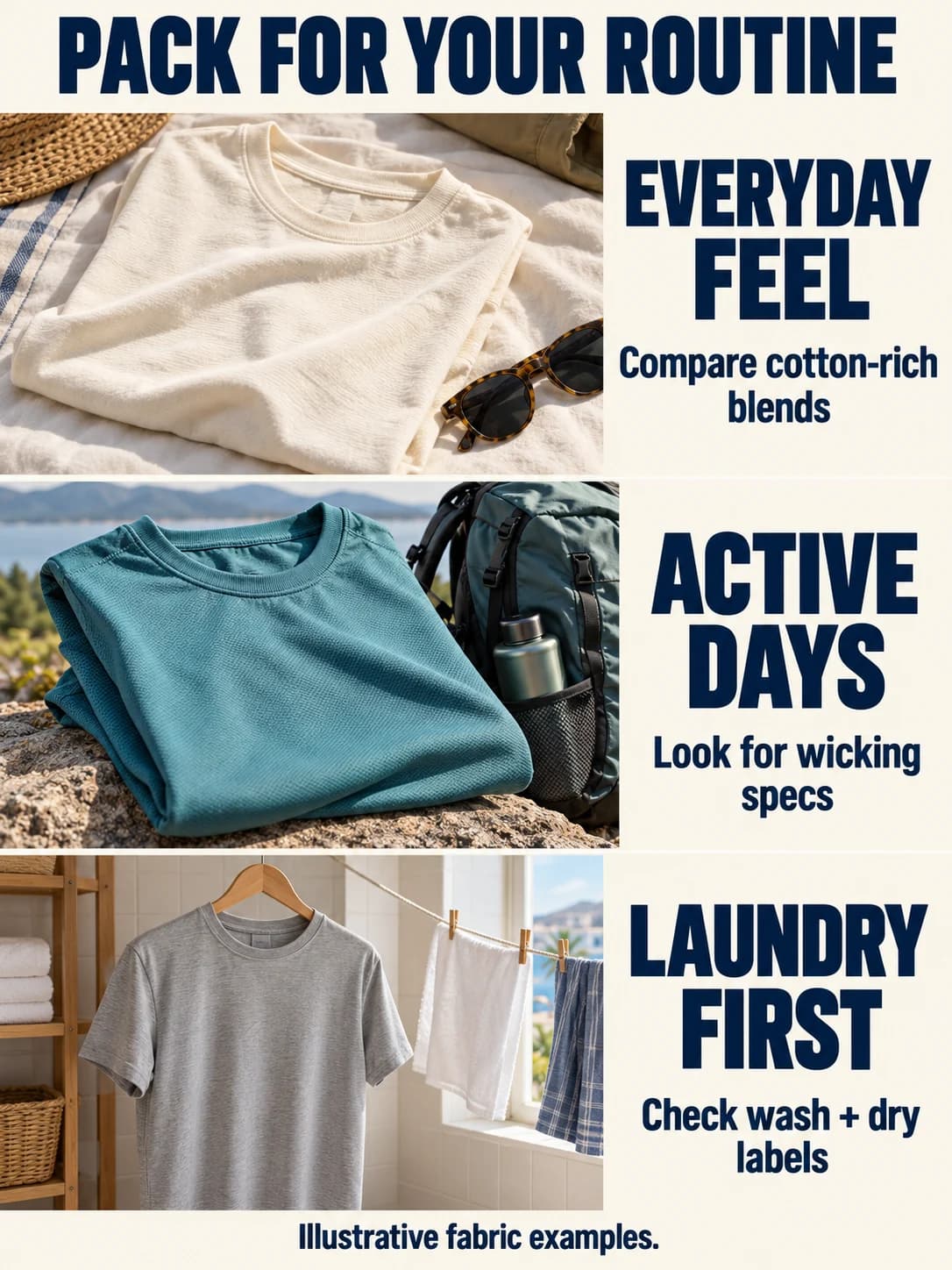 Illustrative fabric and packing decisions: a soft cream tee for everyday feel, a synthetic-looking teal tee beside a daypack, and a gray tee hanging to dry