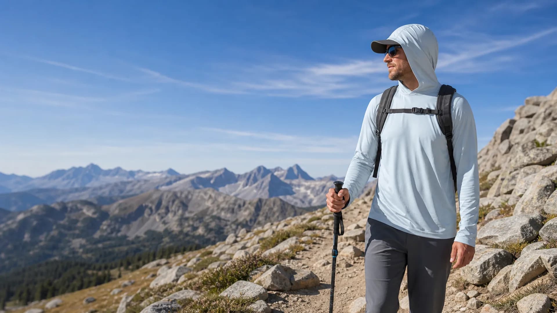 Hiker wearing a sun hoodie on an exposed alpine trail