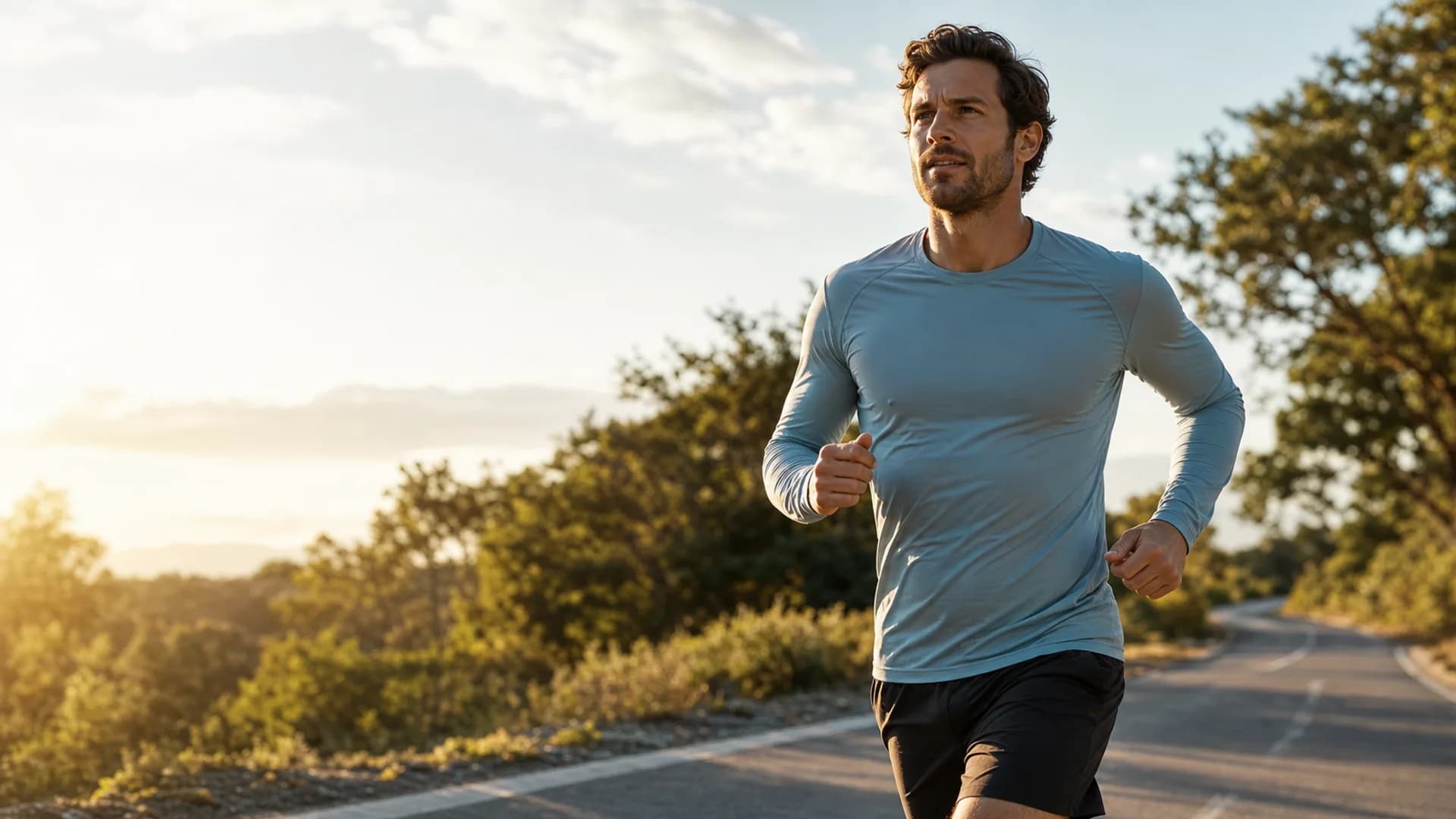 Runner wearing a lightweight long-sleeve sun shirt on a warm outdoor road
