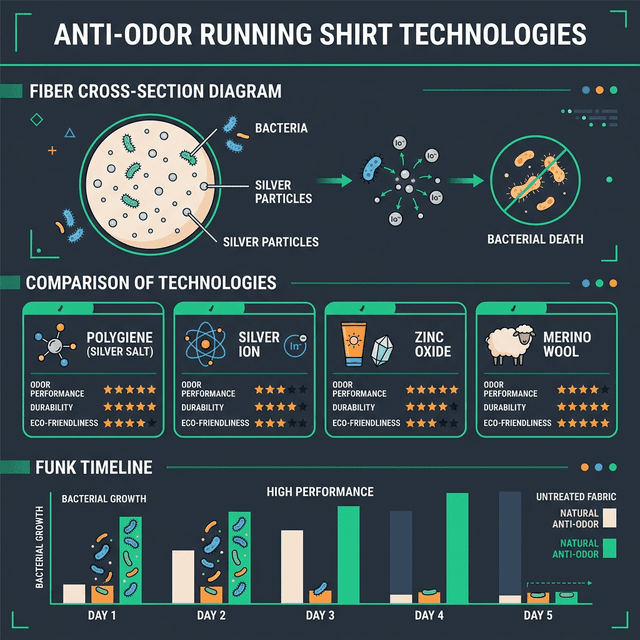 Infographic showing how anti-odor technologies work at the fiber level comparing Polygiene silver salt, silver ion, zinc oxide, and merino wool