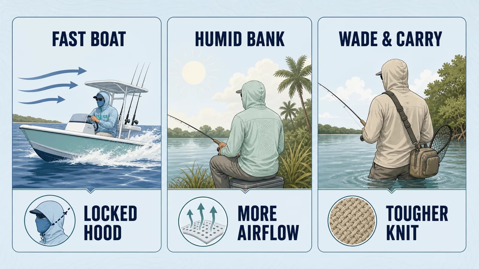 Fishing hoodie decision map for fast boats, humid banks, and wading with gear