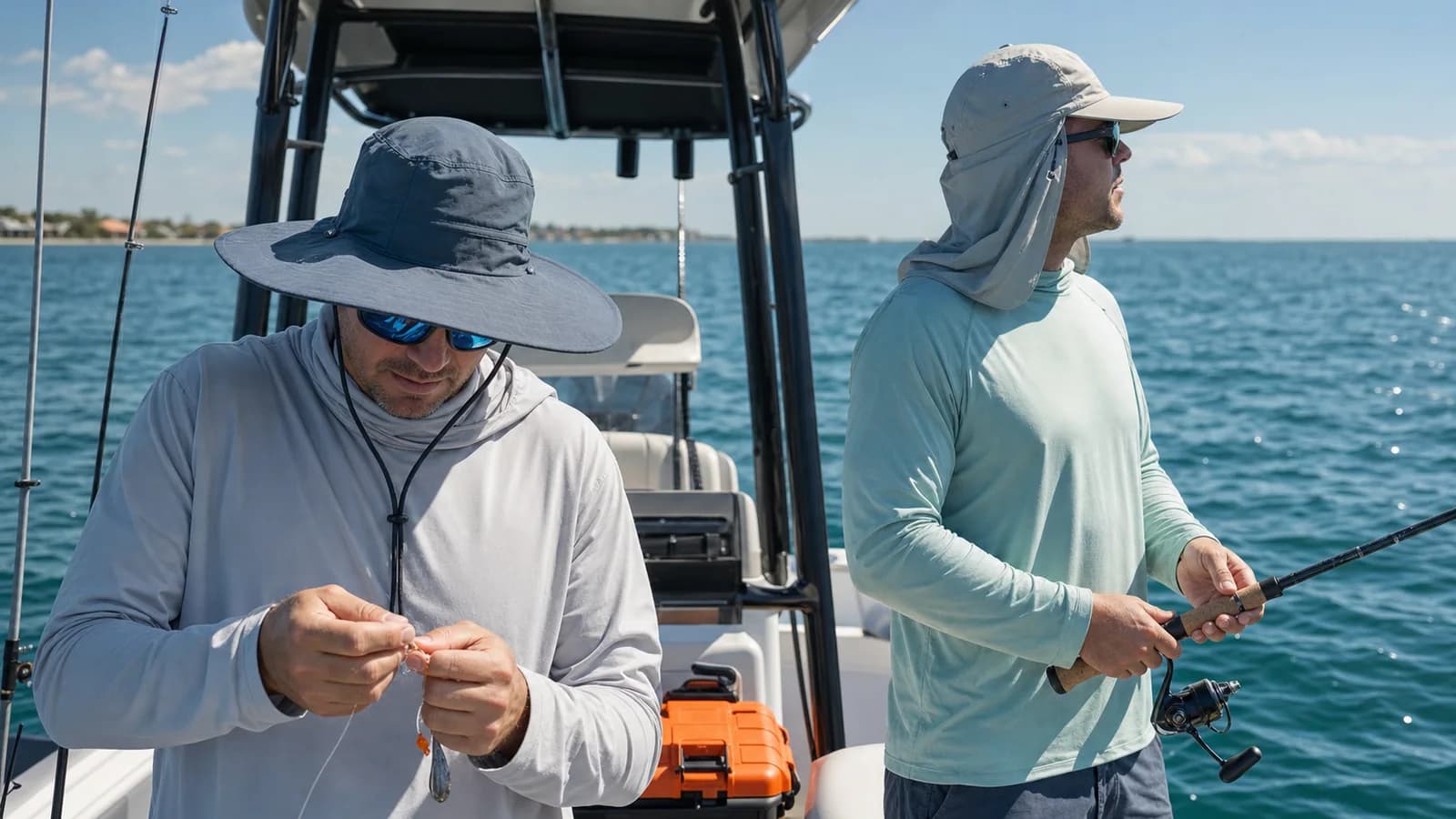 Two anglers wearing a wide-brim boonie and neck-cape fishing sun hat on a bright boat
