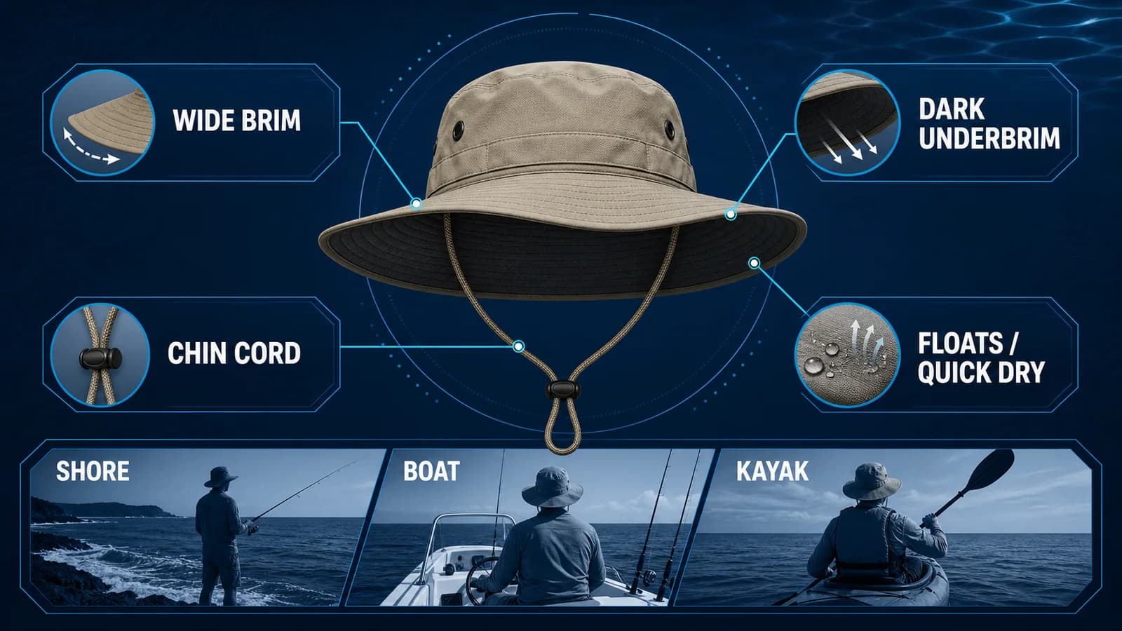 Fishing sun-hat decision map showing wide brim, dark underbrim, chin cord, floating quick-dry construction and shore boat kayak use