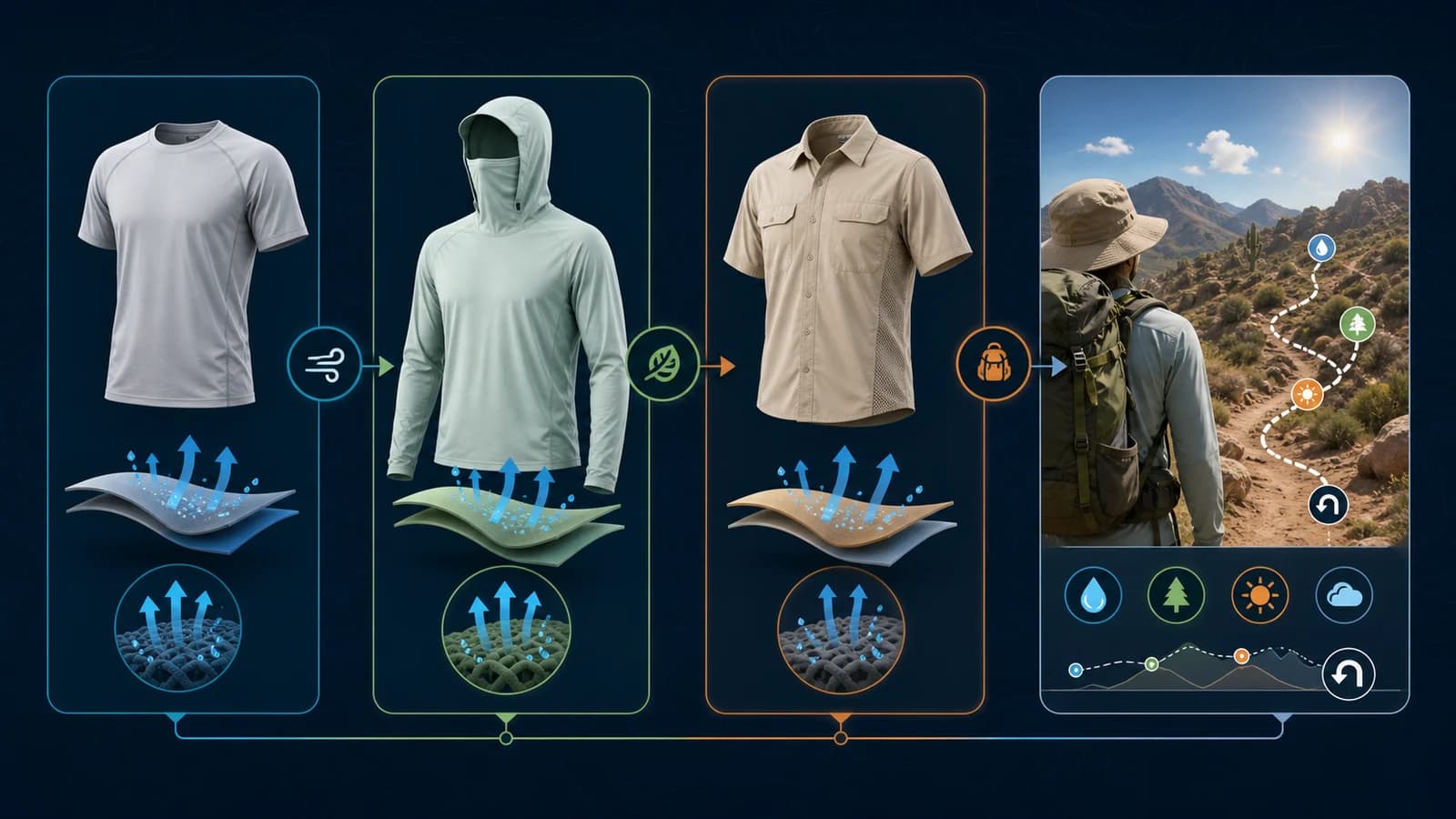 Four-part visual comparing hot-weather hiking shirt formats, airflow, pack contact, and route heat planning