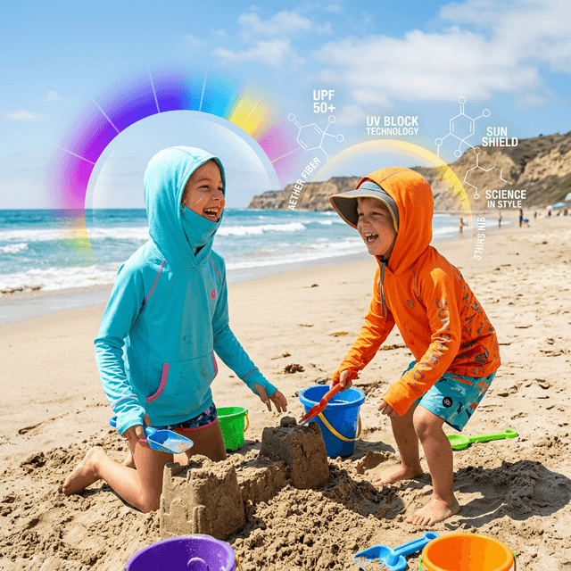 Children playing safely in high-tech UPF 50+ sun hoodies in a bright, sunny playground