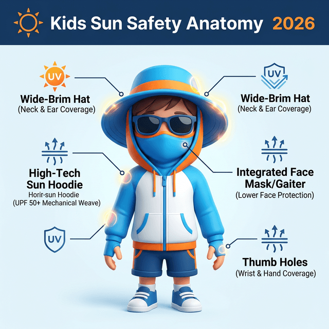 Kids Sun Safety Anatomy: Showing how hat, hoodie, and thumb holes provide 98% skin coverage