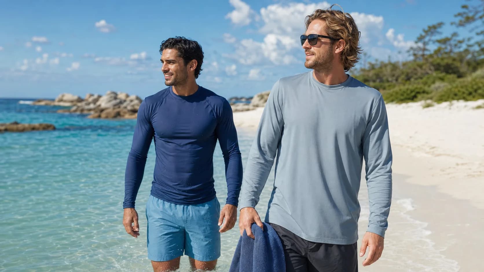 Men wearing long-sleeve UPF swim shirts and rash guards near clear beach water